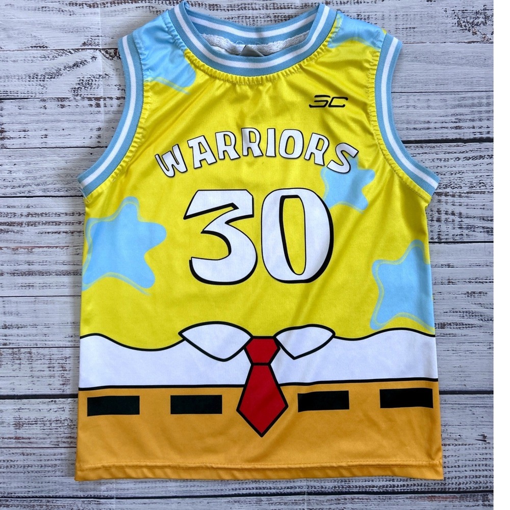 Stephen Curry Warriors SpongeBob Jersey Kids Yellow Basketball Shirt 30 SC